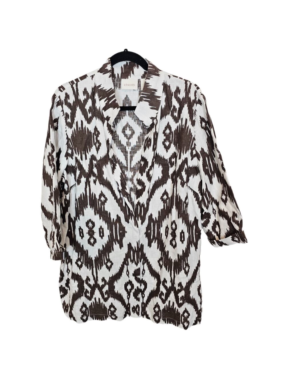 Chicos Womens Ikat Linen Jacket Sz L Southwestern All Over Print Lagenlook Boho